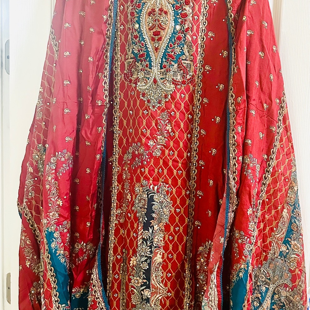 Vibrant Rust Orange Dress with Gold and Blue Embroidery